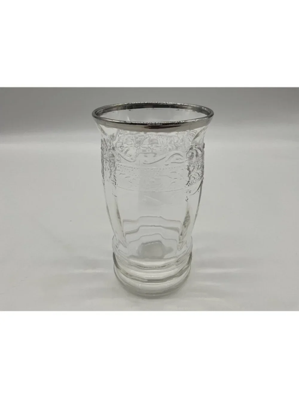 MacBeth -Evans Strippled Rose Band Clear Depression Glass Tumbler w/silver Rim